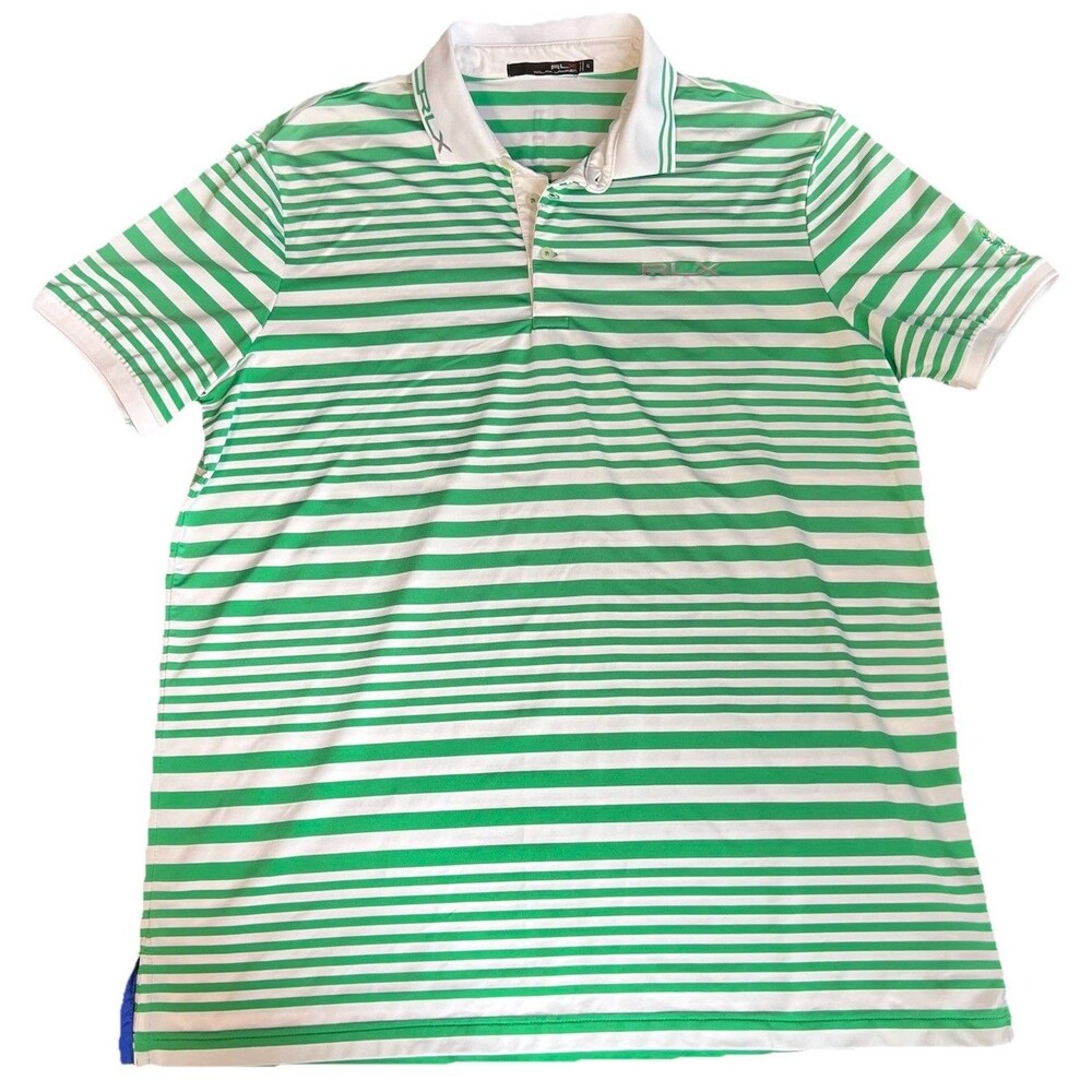 RLX Ralph Lauren Golf Polo Shirt Mens XL Green White Stripe Short Sleeve Stretch